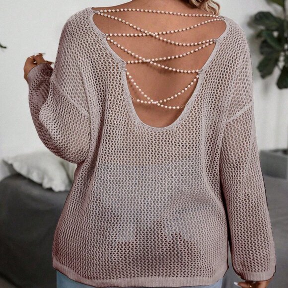 Plus Size Casual Women's Minimalist Hollow Beaded detailed knit Sweater - Picture 4 of 6